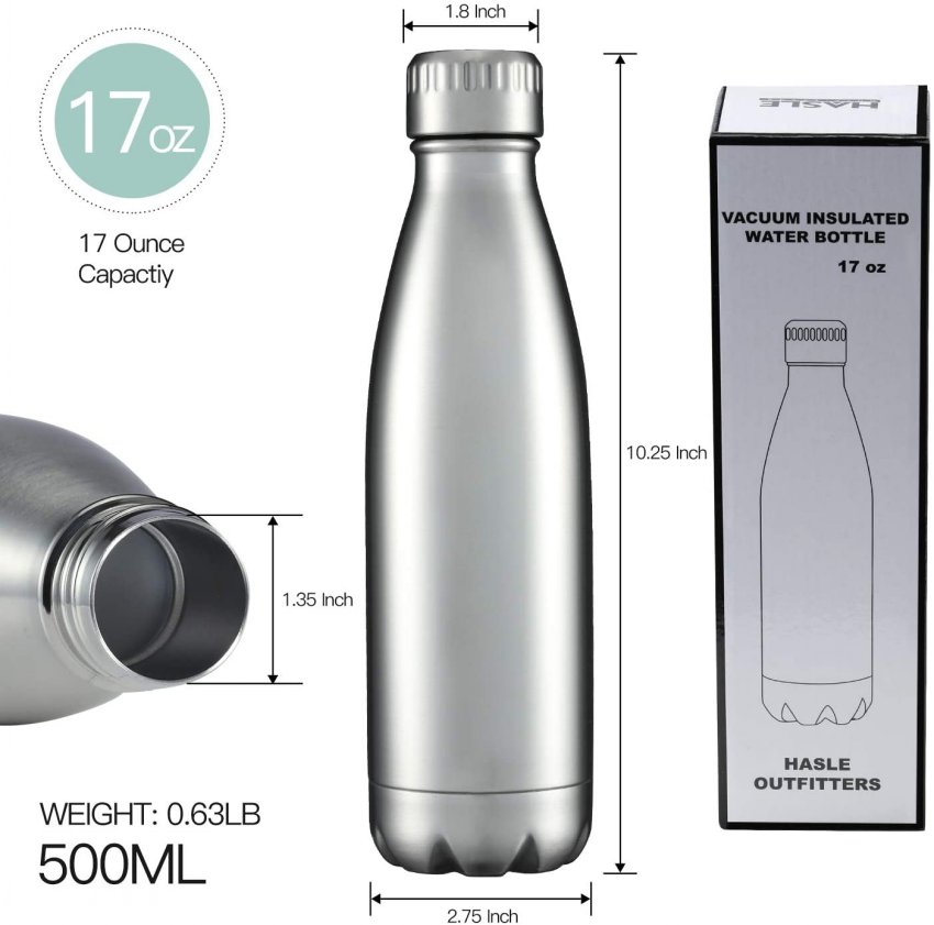 HASLE OUTFITTERS 17oz Stainless Steel Water Bottles, Vacuum